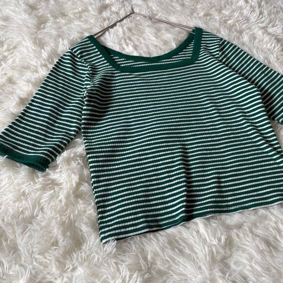 Ofala Back Square Neck Striped Ribbed Short Top M - Picture 6 of 6